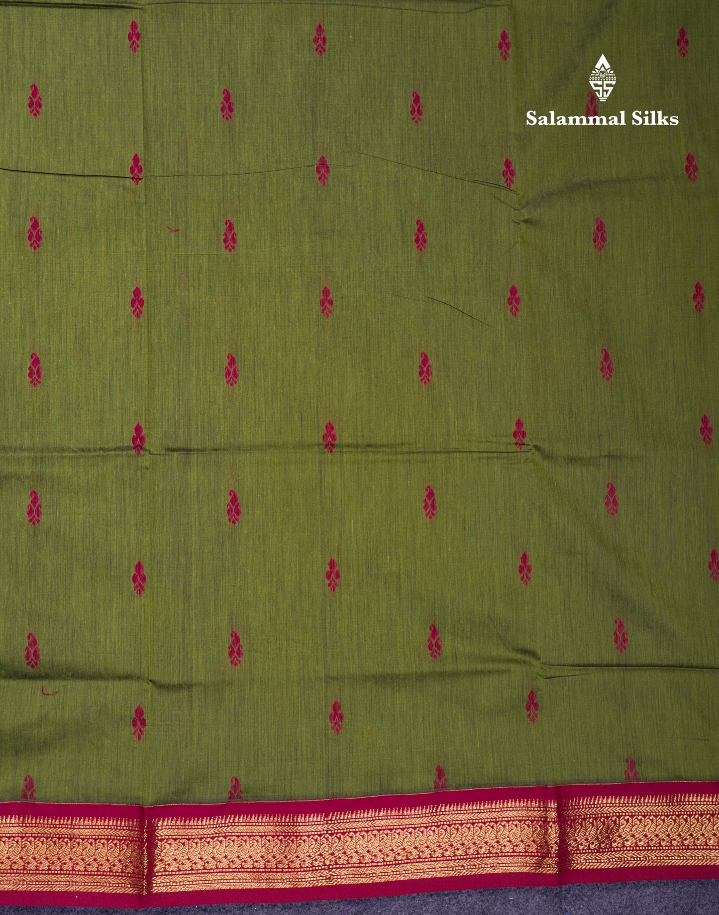 Beautiful Olive Green Kalyani Cotton Saree With Contrast Dark Maroon Blouse