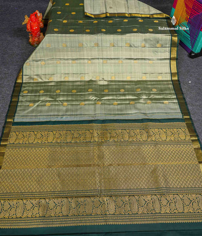 Pure Kanjivaram Silk Saree - Cream Green Colour Body With Contrast Bottle Green Small Border
