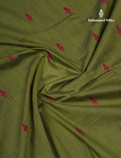 Beautiful Olive Green Kalyani Cotton Saree With Contrast Dark Maroon Blouse