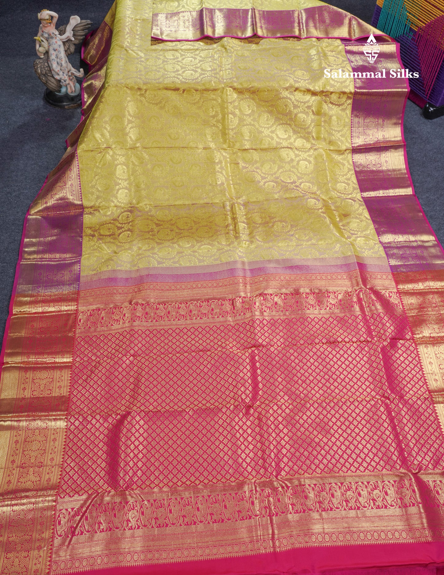 Beautiful Dual Tone Golden Yellow Pure Kanjivaram Silk Saree With Contrast Magent Traditional Border