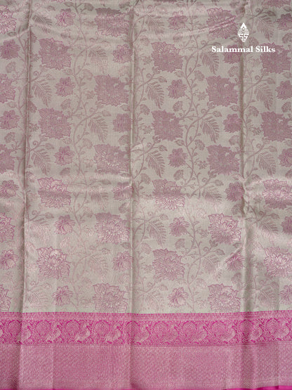 Beautiful Grey White Fancy Bridal Pure Kanjivaram Silk Saree With Contrast Pink Traditional Medium Border