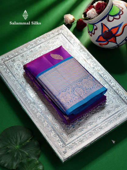 Beautiful Vadamalli Pure Kanjivaram Silk Saree With Contrast Peacock Blue Traditional Evening Morning Border