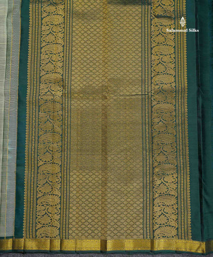 Pure Kanjivaram Silk Saree - Cream Green Colour Body With Contrast Bottle Green Small Border