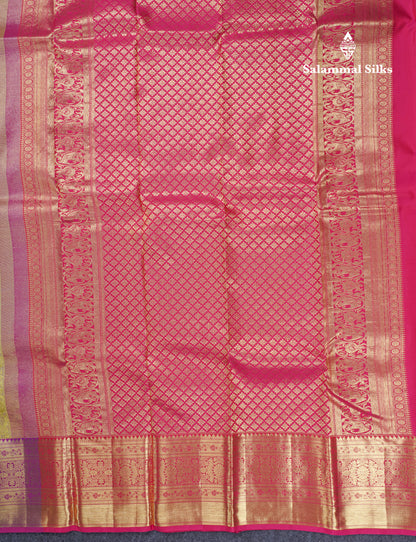 Beautiful Dual Tone Golden Yellow Pure Kanjivaram Silk Saree With Contrast Magent Traditional Border