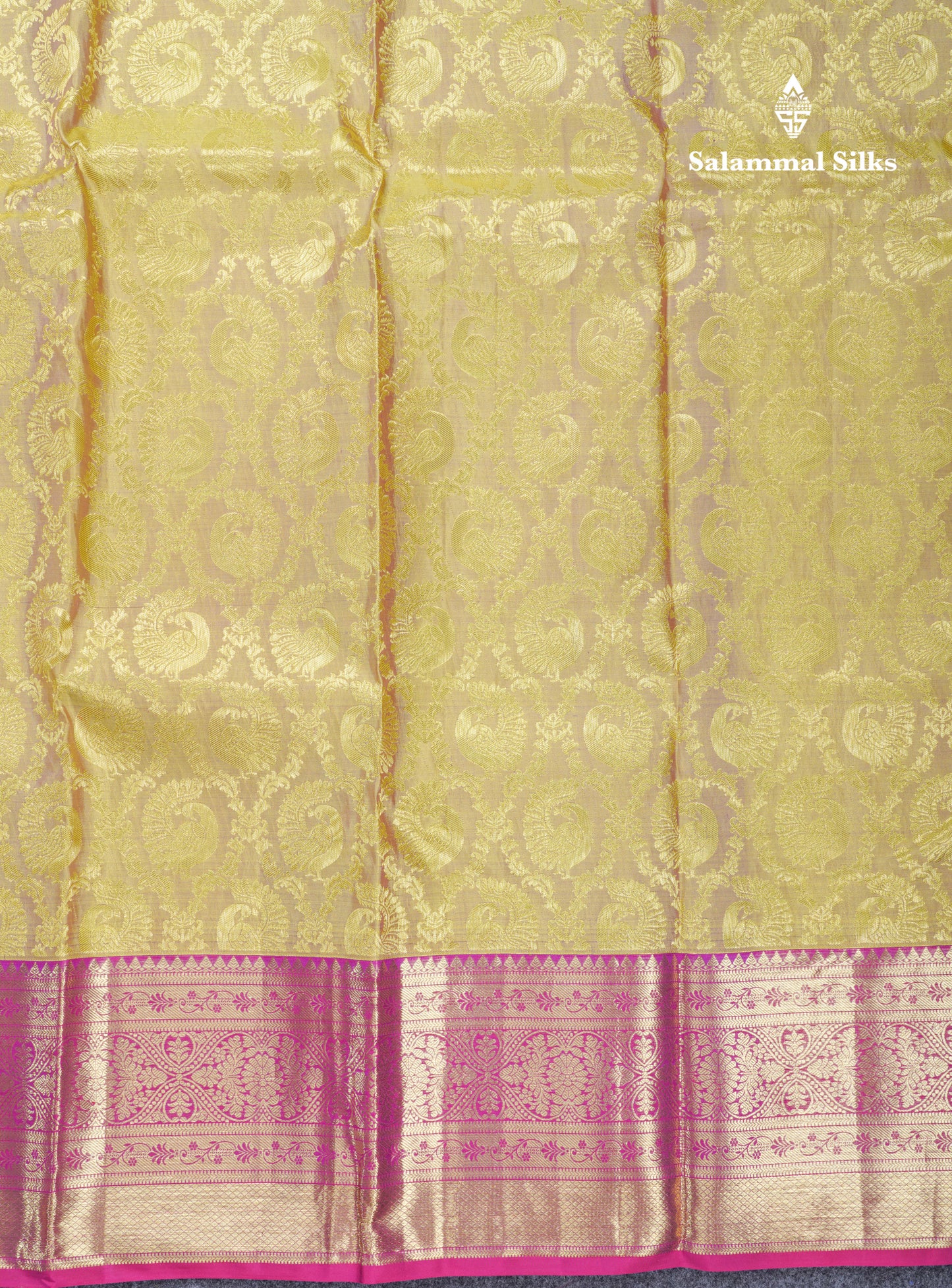 Beautiful Dual Tone Golden Yellow Pure Kanjivaram Silk Saree With Contrast Magent Traditional Border