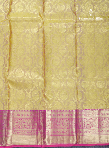 Beautiful Dual Tone Golden Yellow Pure Kanjivaram Silk Saree With Contrast Magent Traditional Border