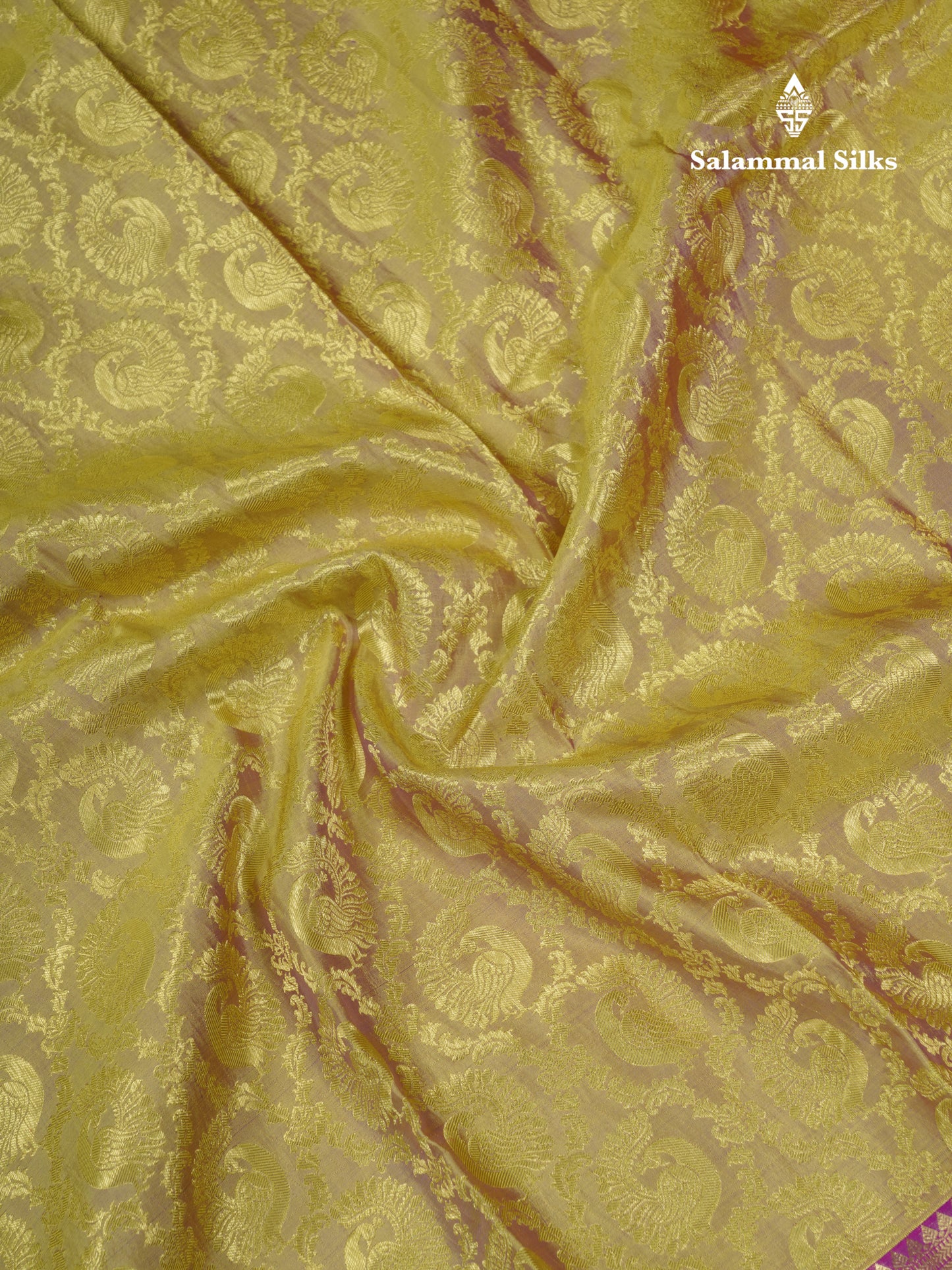 Beautiful Dual Tone Golden Yellow Pure Kanjivaram Silk Saree With Contrast Magent Traditional Border