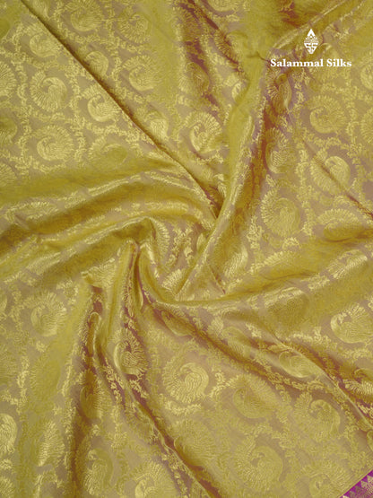 Beautiful Dual Tone Golden Yellow Pure Kanjivaram Silk Saree With Contrast Magent Traditional Border