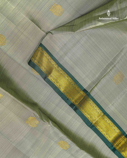 Pure Kanjivaram Silk Saree - Cream Green Colour Body With Contrast Bottle Green Small Border