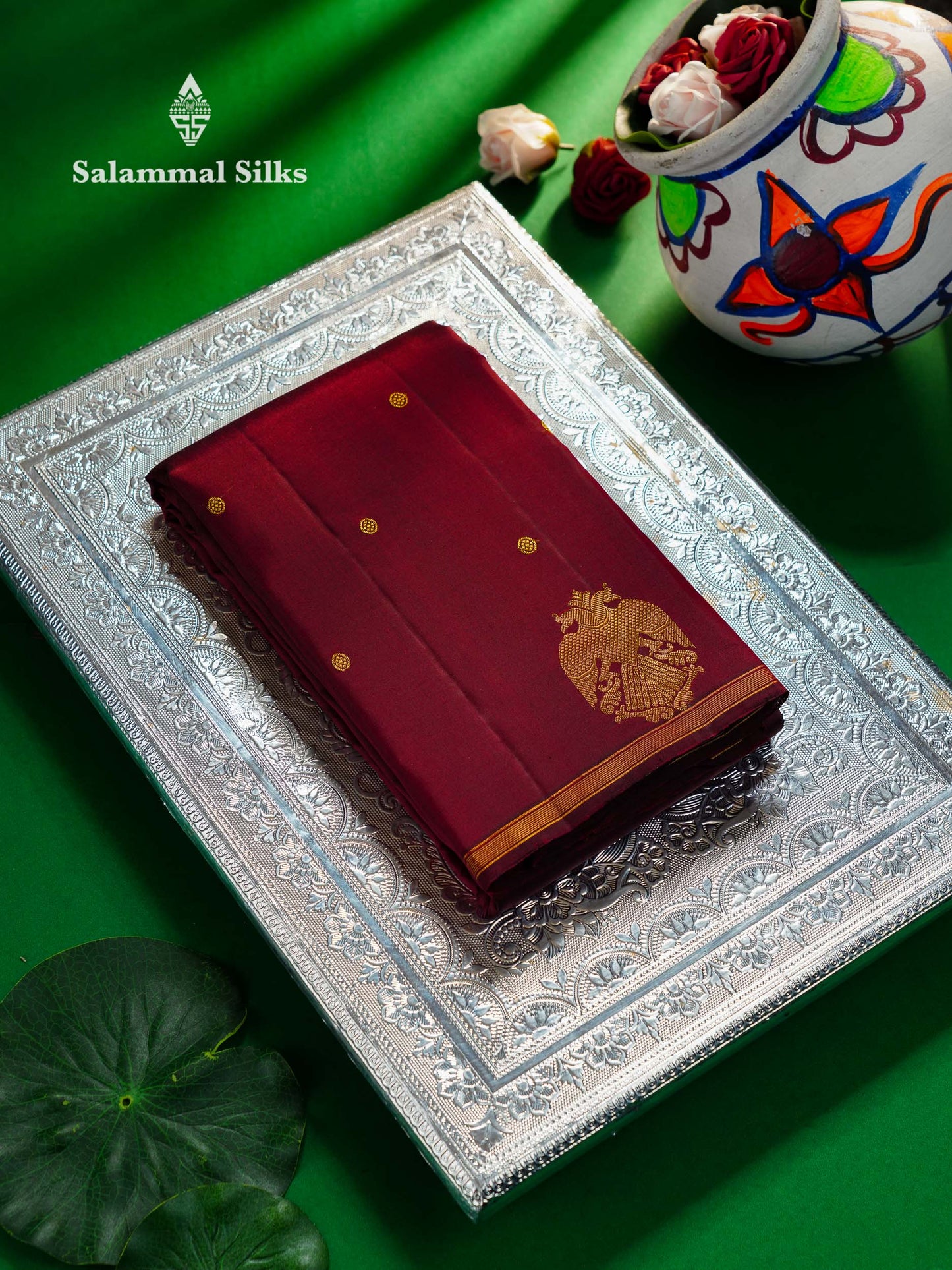Beautiful Dark Maroon Zari Butta Pure Kanjivaram Silk Saree With Iruthalai Pakshi Traditional Border