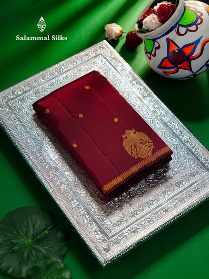 Beautiful Dark Maroon Zari Butta Pure Kanjivaram Silk Saree With Iruthalai Pakshi Traditional Border