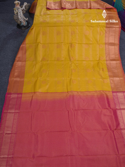 Mustard Yellow Vairaoosi Lines With Butta Semi Silk Saree With Contrast Pink Blouse