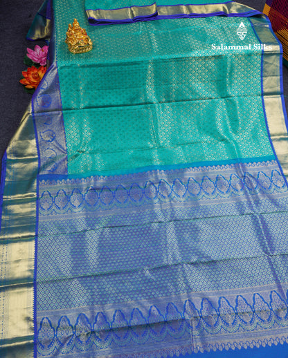 Sapphire Green Bridal Pure Kanjivaram Silk Saree With Contrast Royal Blue Border
