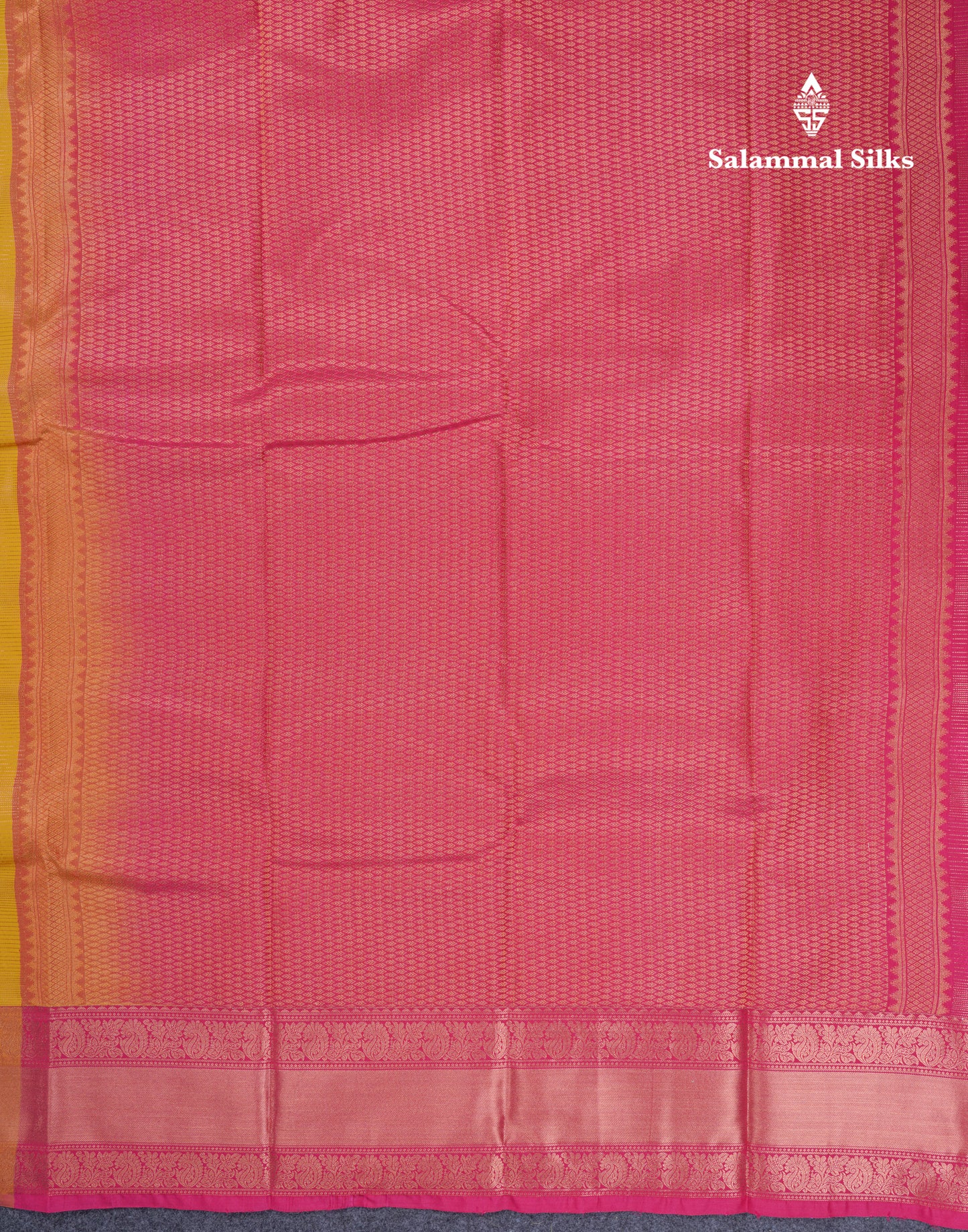 Mustard Yellow Vairaoosi Lines With Butta Semi Silk Saree With Contrast Pink Blouse