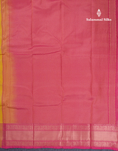 Mustard Yellow Vairaoosi Lines With Butta Semi Silk Saree With Contrast Pink Blouse