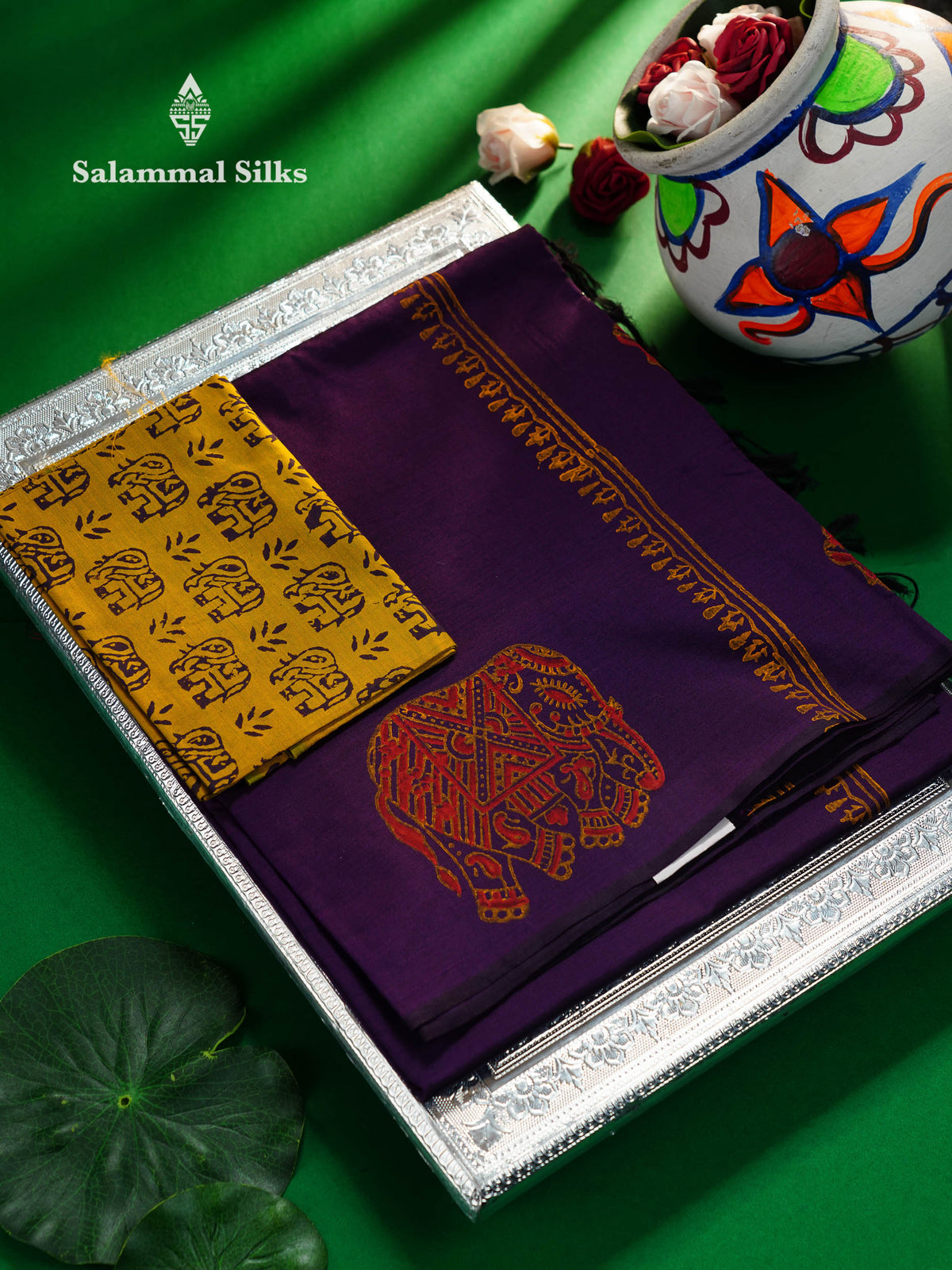 Beautiful Dark Purple South Cotton Printed Saree With Contrast Yellow Blouse