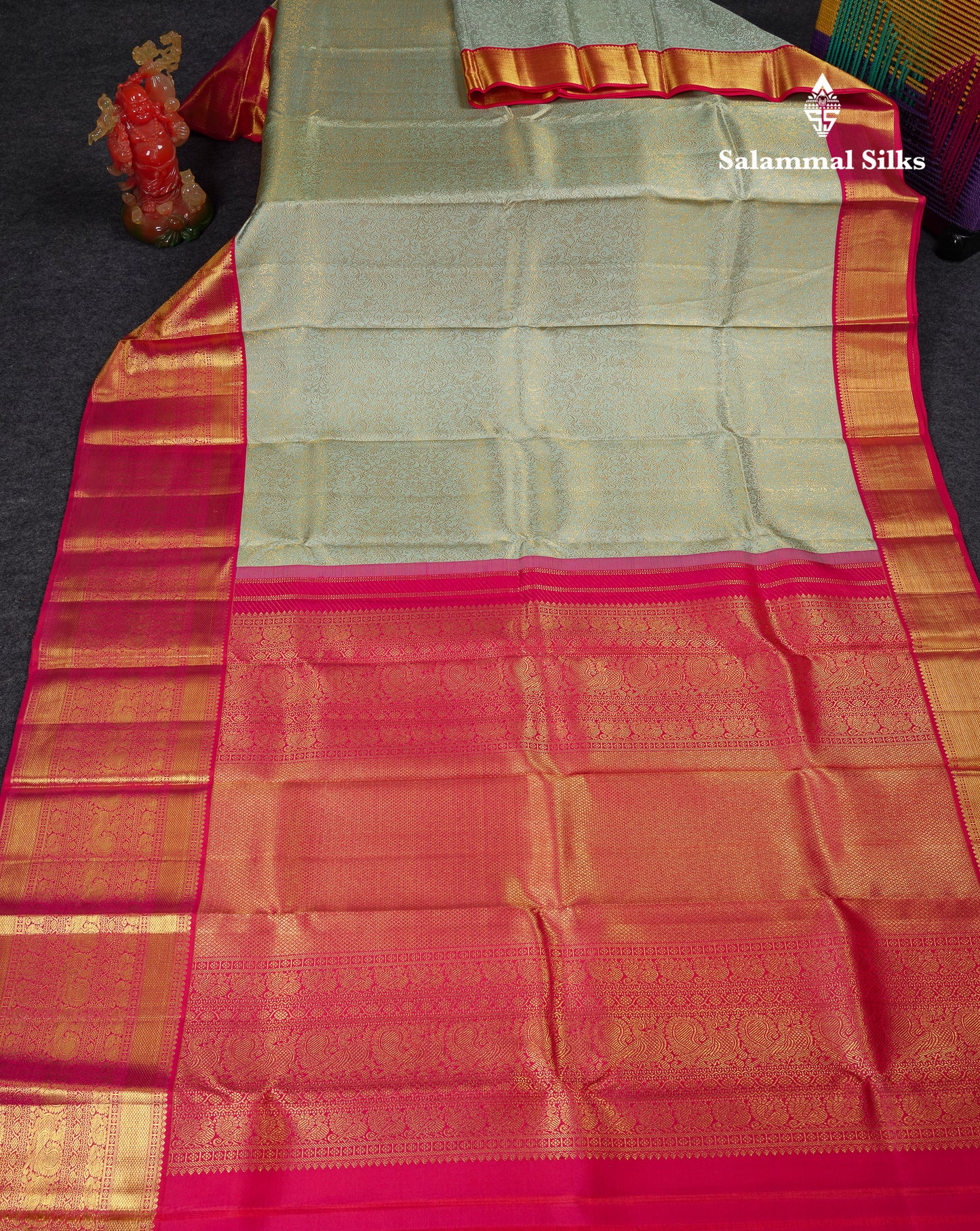 Beautiful Light Rexona Bridal Pure Kanjivaram Silk Saree With Contrast Redish Pink Traditional Evening Morning Border