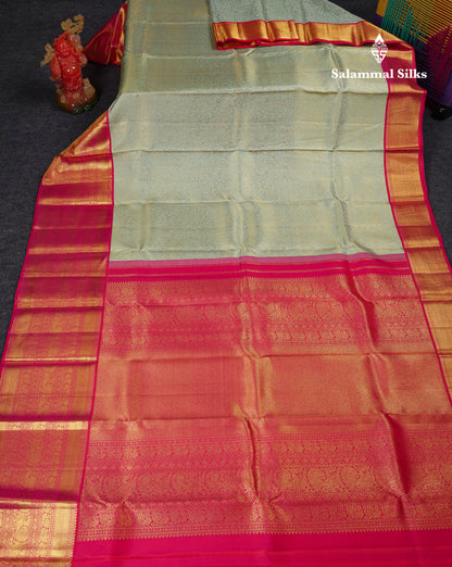 Beautiful Light Rexona Bridal Pure Kanjivaram Silk Saree With Contrast Redish Pink Traditional Evening Morning Border