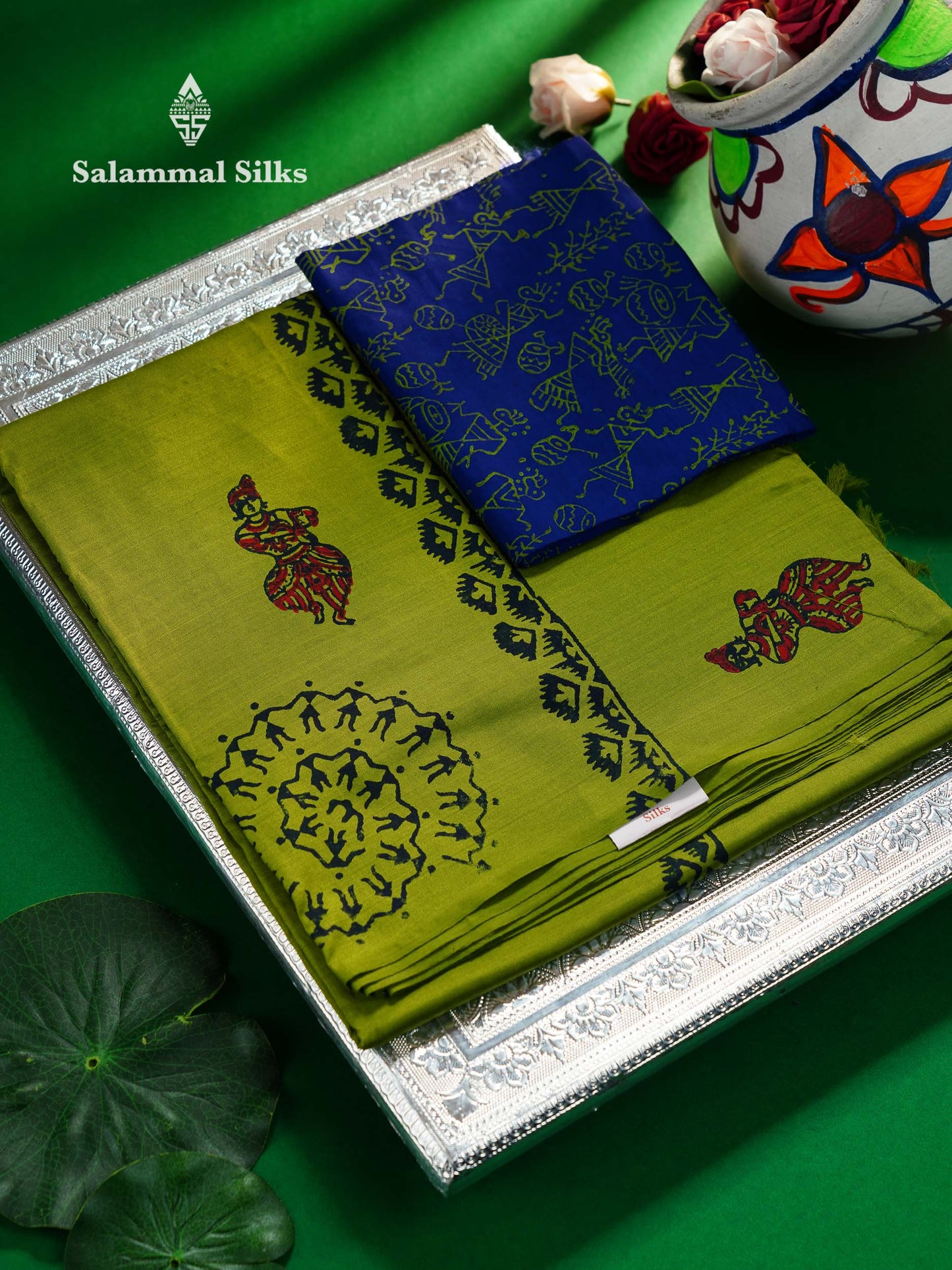 Beautiful Parrot Green South Cotton Printed Saree With Contrast Violet Blouse