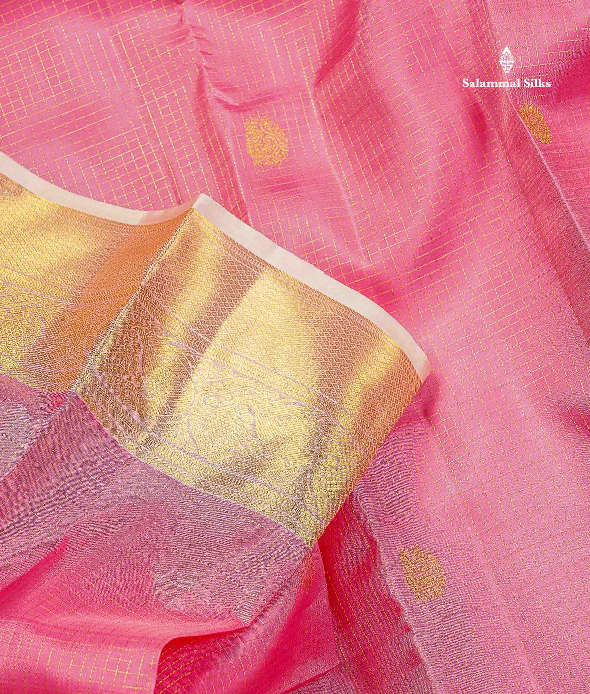 Pure Kanjivaram Silk Saree - Light Pink Colour Body Small Checks With Butta & Contrast Baby Pink Border