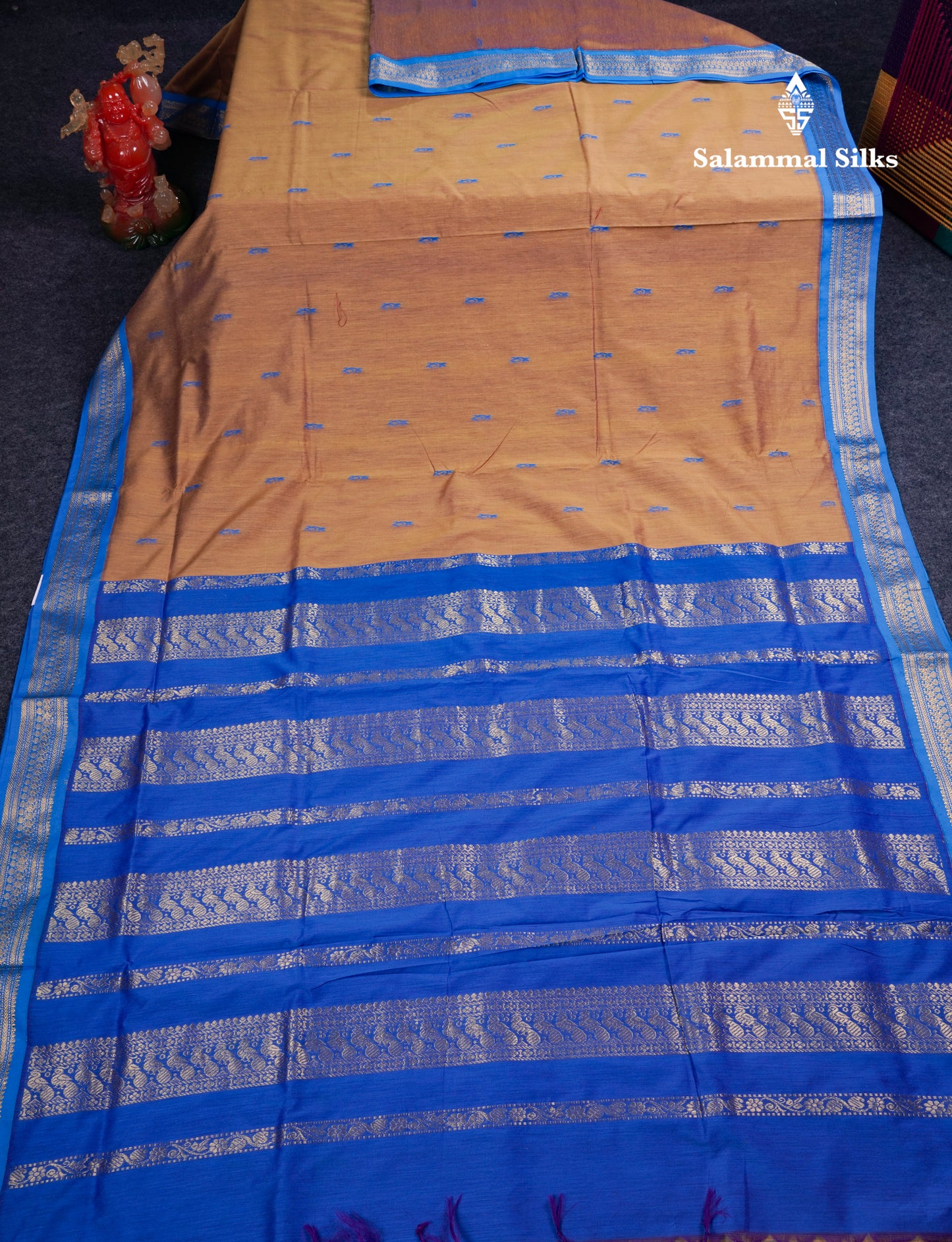 Beautiful Dark Sandal Kalyani Cotton Saree With Contrast Blue Blouse