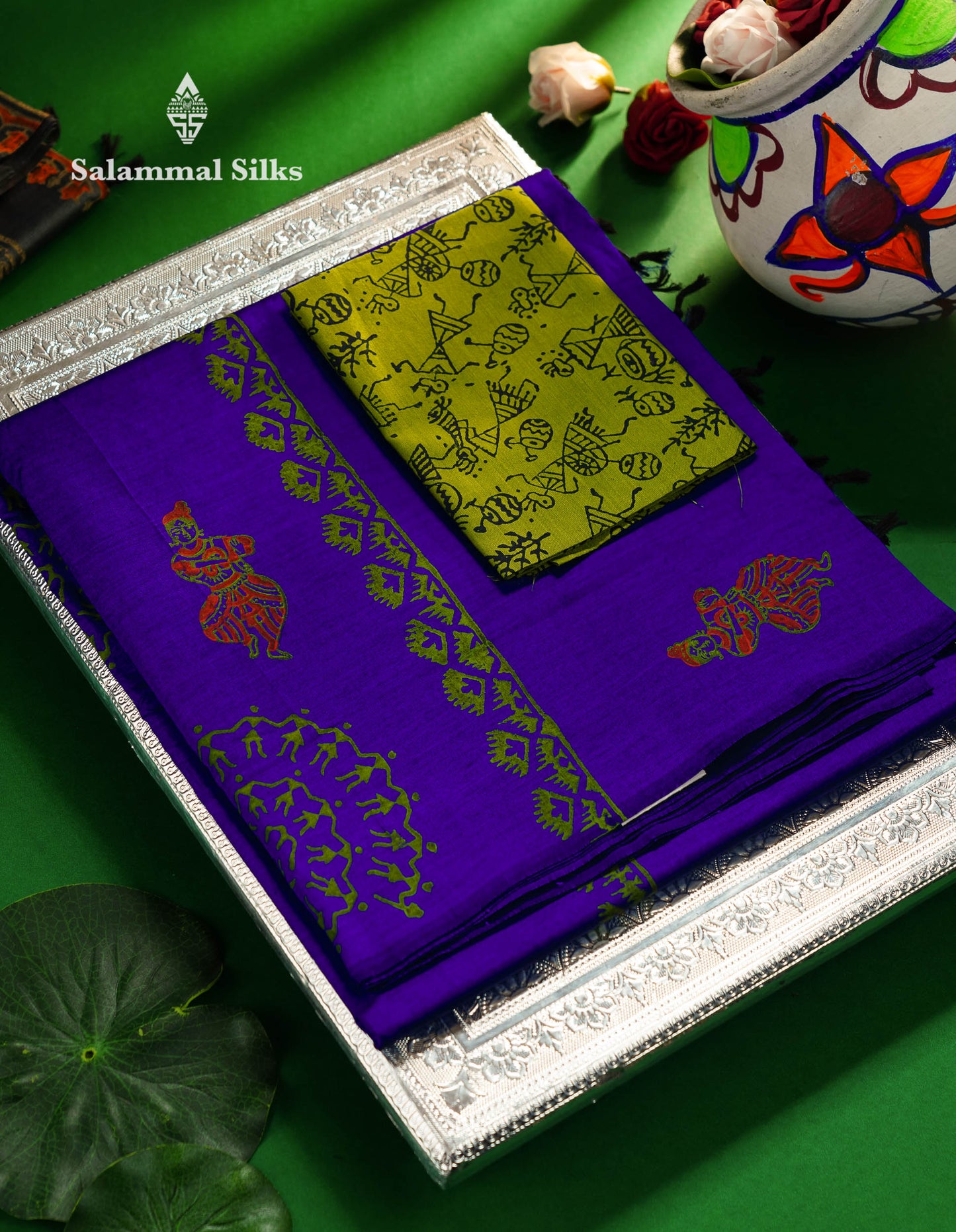 Beautiful Royal Blue South Cotton Printed Saree With Contrast Parrot Green Blouse
