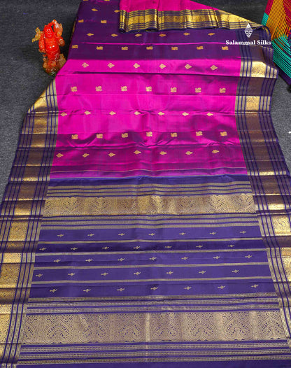 2G Zari Kanjivaram Silk Saree - Magenta Colour Body Zari Butta With Navy Blue Border 