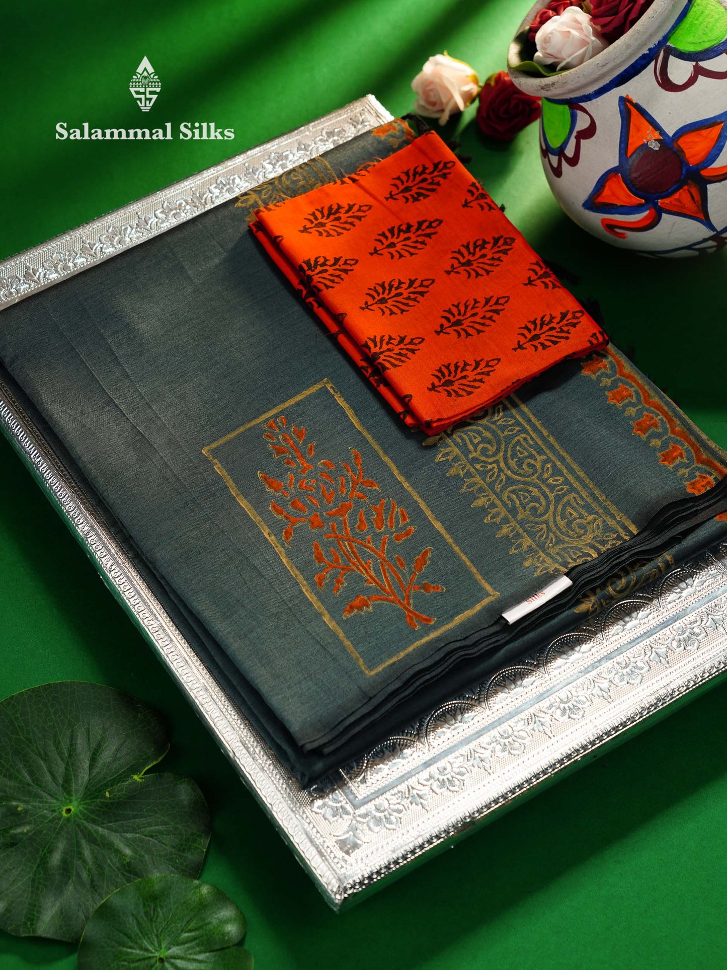 Beautiful Dark Grey Printed South Cotton Saree With Contrast Orange Blouse