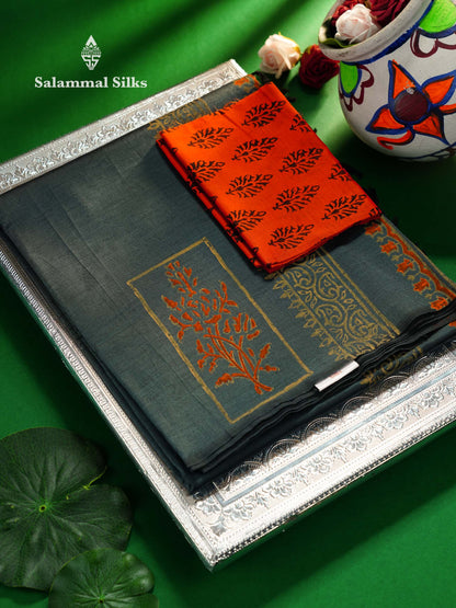 Beautiful Dark Grey Printed South Cotton Saree With Contrast Orange Blouse