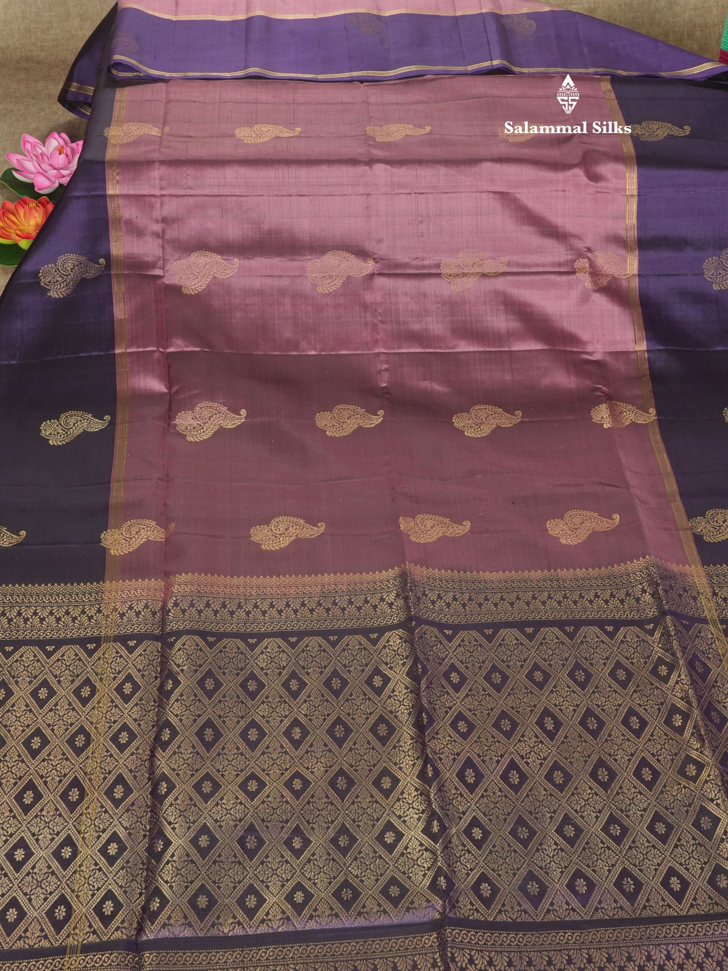Onion Pink Kanjivaram Pure Soft Silk Saree With Contrast Violet Border