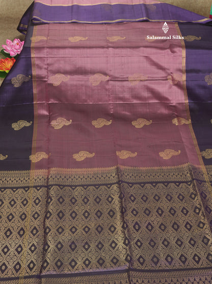 Onion Pink Kanjivaram Pure Soft Silk Saree With Contrast Violet Border
