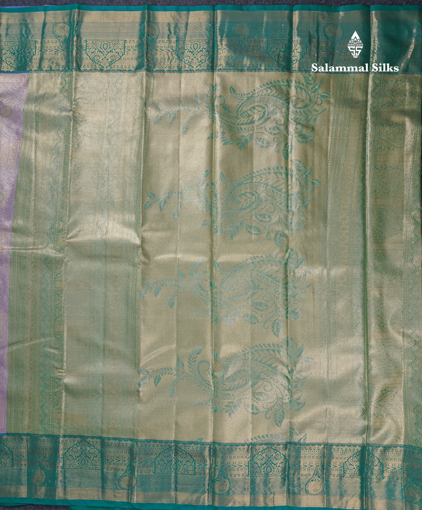 Lavender Geometric Pattern Tissue Bridal Semi Silk Saree With Contrast Peacock Green Traditional Border