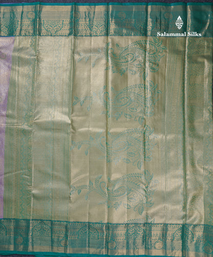 Lavender Geometric Pattern Tissue Bridal Semi Silk Saree With Contrast Peacock Green Traditional Border