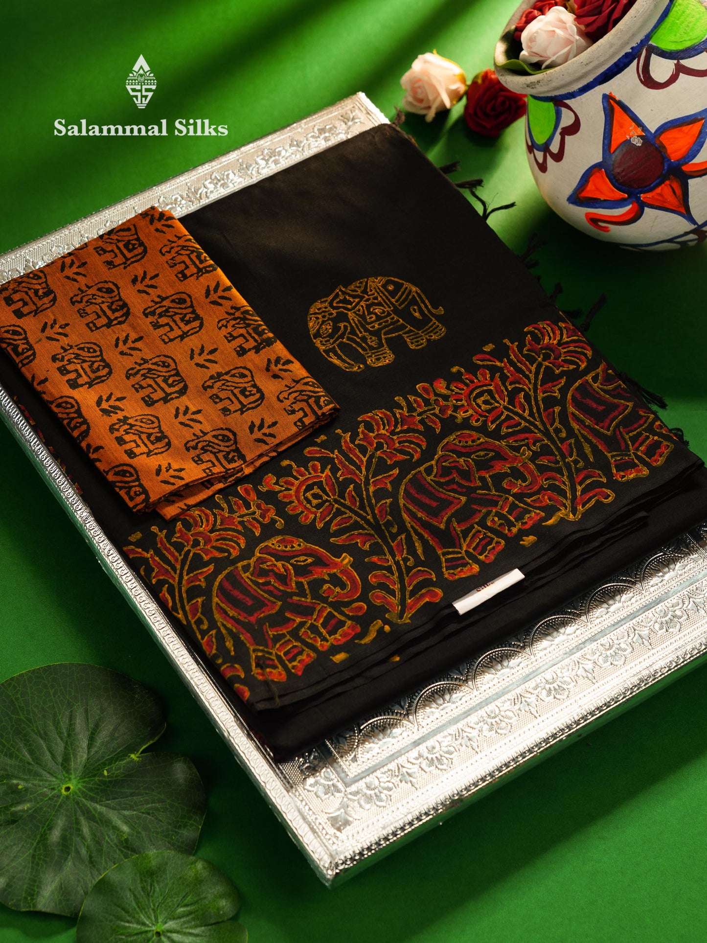 Beautiful Black Printed South Cotton Saree With Contrast Mustard Yellow Blouse