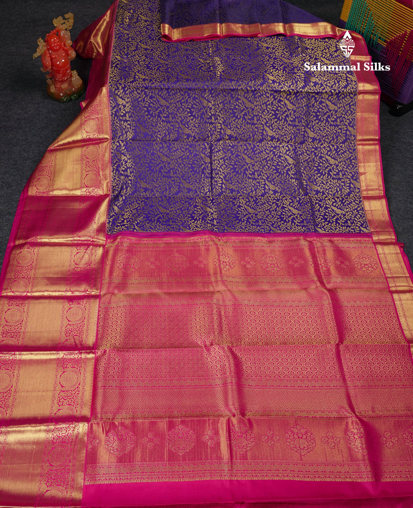 Beautiful Navy Blue Bridal Pure Kanjivaram Silk Saree With Contrast Pink Traditional Evening Morning Border