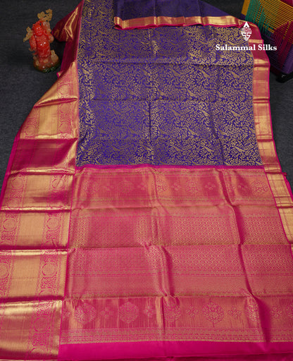 Beautiful Navy Blue Bridal Pure Kanjivaram Silk Saree With Contrast Pink Traditional Evening Morning Border
