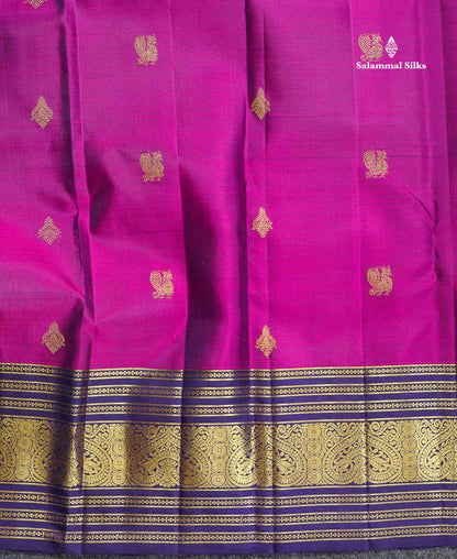 2G Zari Kanjivaram Silk Saree - Magenta Colour Body Zari Butta With Navy Blue Border