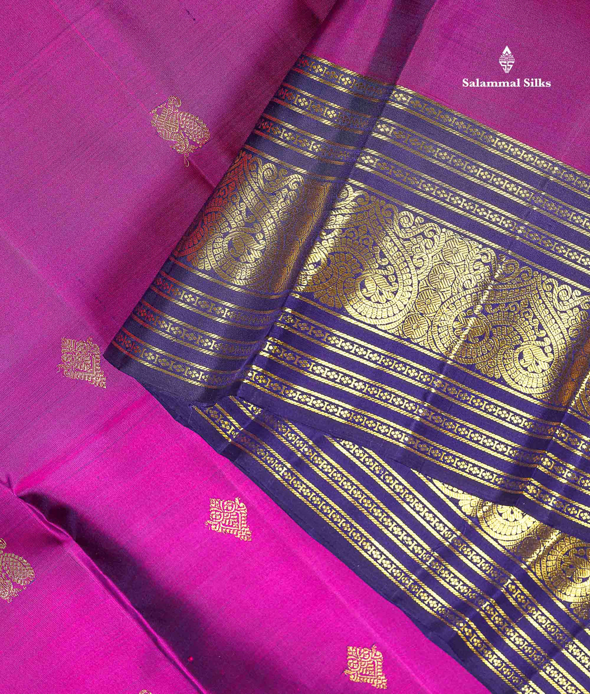 2G Zari Kanjivaram Silk Saree - Magenta Colour Body Zari Butta With Navy Blue Border