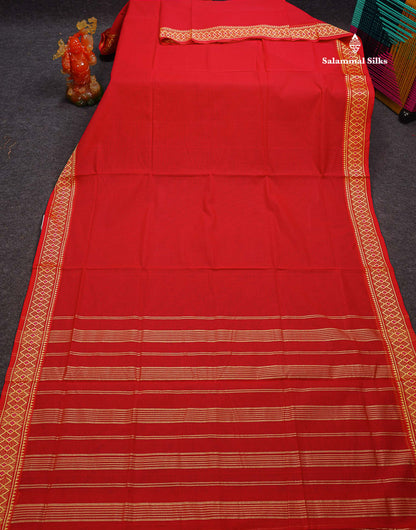 Beautiful Orange Plain Pure Cotton Saree With Traditional Border