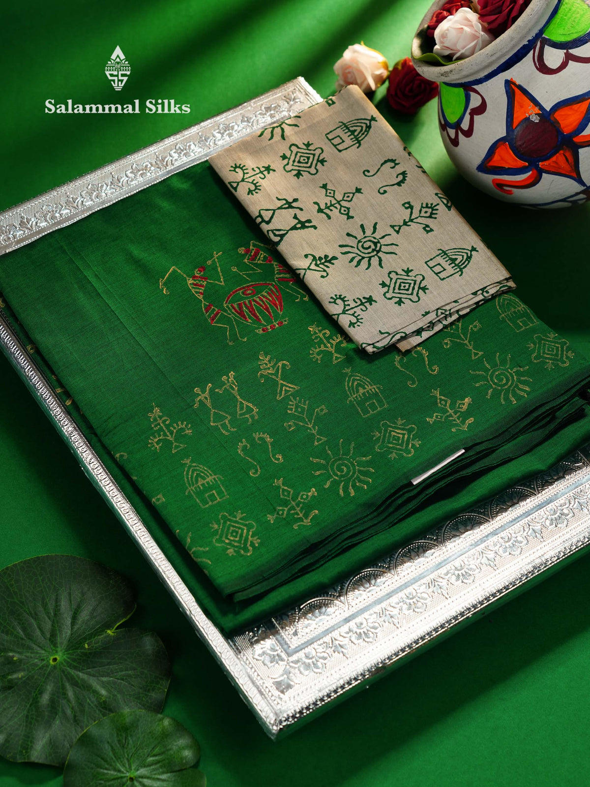 Beautiful Bottle Green Printed South Cotton Saree With Contrast Beige Blouse