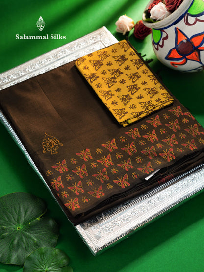 Beautiful Coffe Brown Printed South Cotton Saree With Contrast Parrot Green Blouse