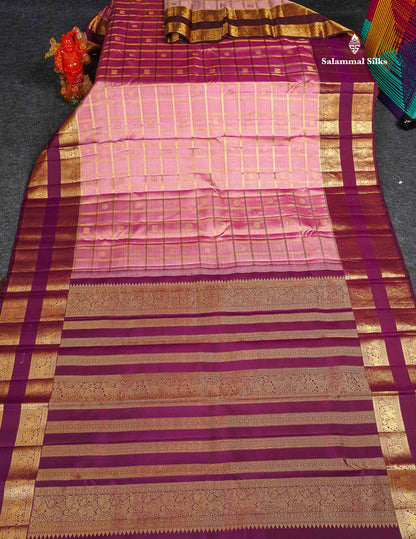 Pure Kanjivaram Silk Saree - Onion Pink Colour Body Checks With Butta & Contrast Wine Purple Gap Border 