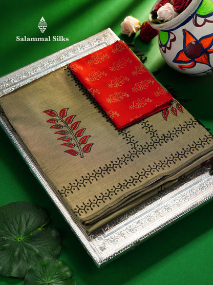 Beautiful Grey Printed South Cotton Saree With Contrast Red Blouse