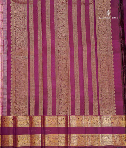 Pure Kanjivaram Silk Saree - Onion Pink Colour Body Checks With Butta & Contrast Wine Purple Gap Border