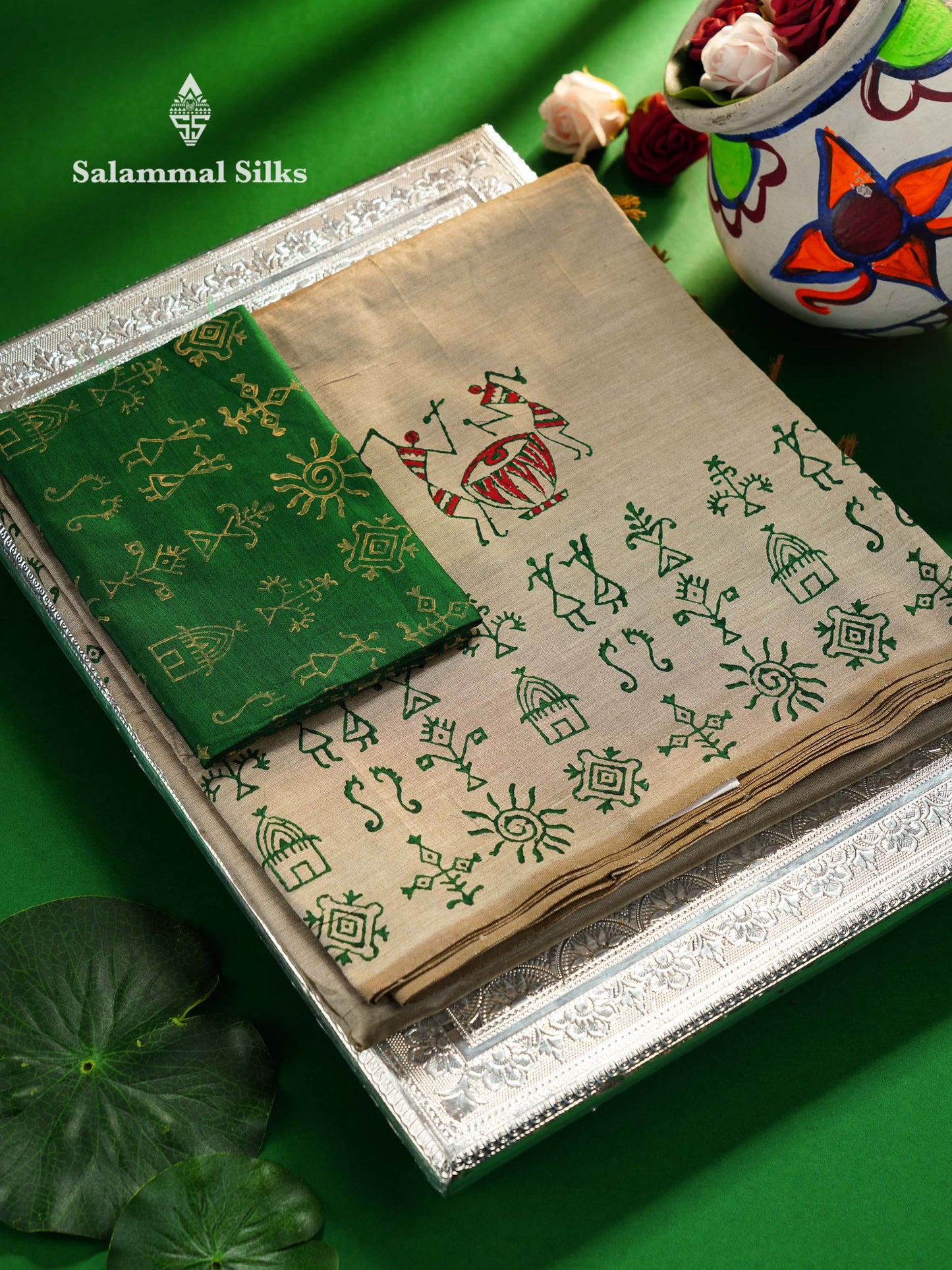 Beautiful Bottle Green Printed South Cotton Saree With Contrast Beige Blouse