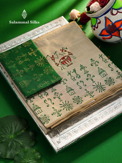Beautiful Bottle Green Printed South Cotton Saree With Contrast Beige Blouse