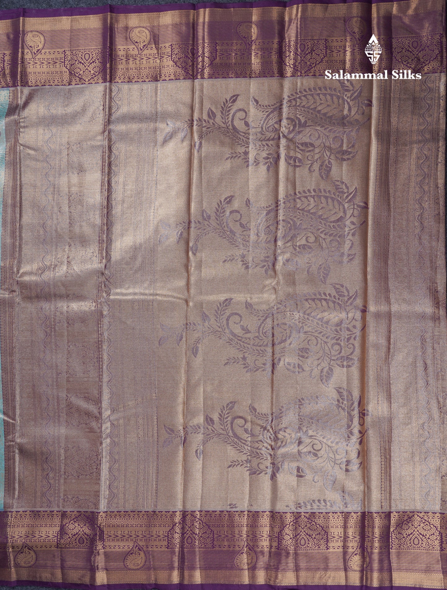 Lavender Geometric Pattern Tissue Bridal Semi Silk Saree With Contrast Peacock Green Traditional Border