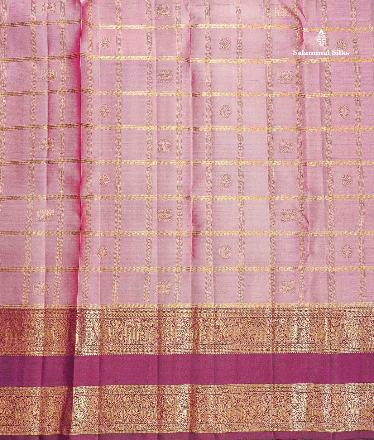 Pure Kanjivaram Silk Saree - Onion Pink Colour Body Checks With Butta & Contrast Wine Purple Gap Border