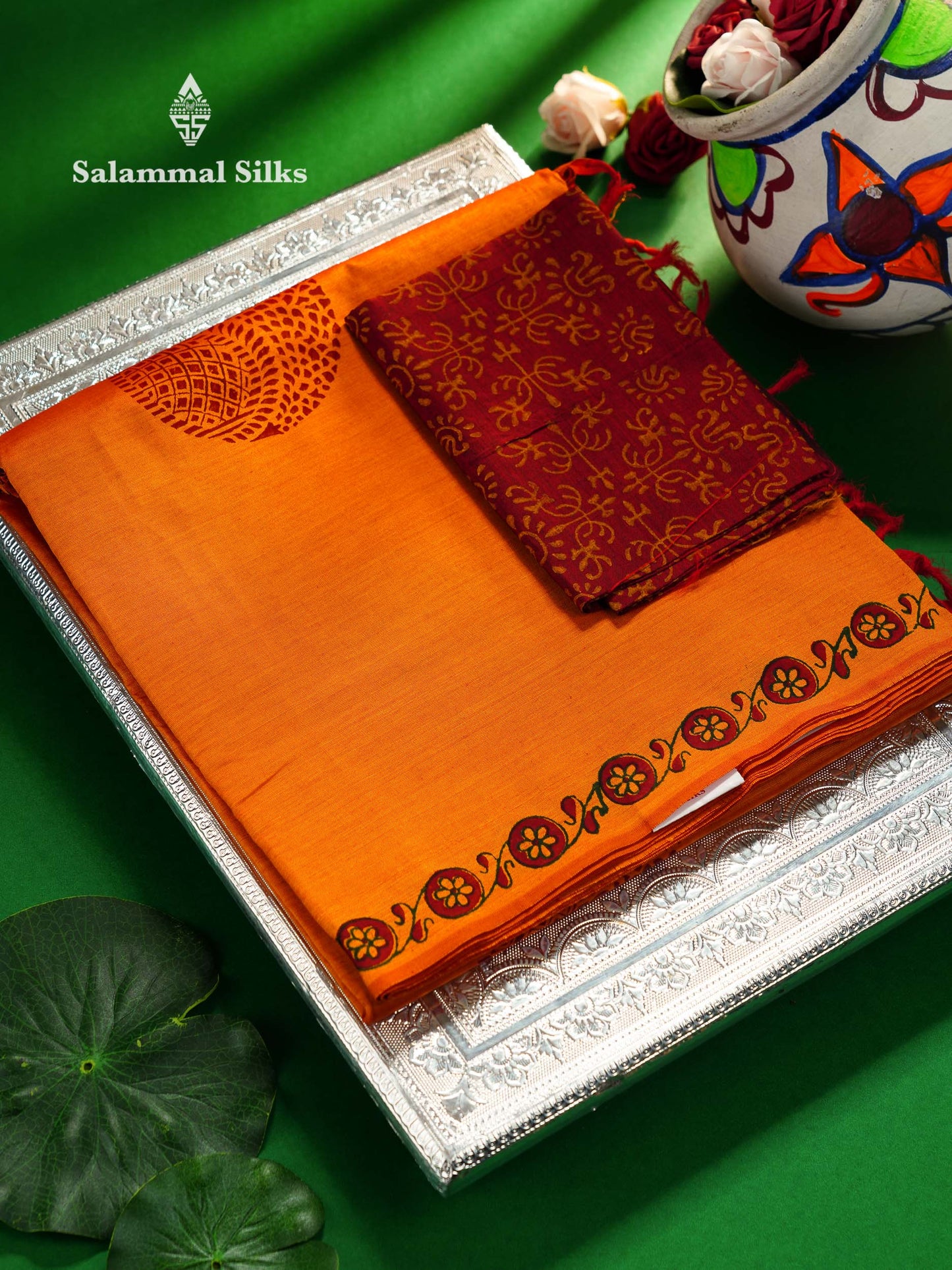 Beautiful Fanta Orange Printed South Cotton Saree With Contrast Maroon Blouse