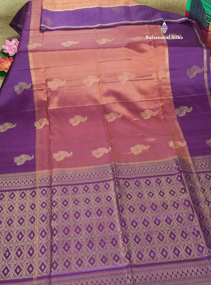 Onion Pink Kanjivaram Pure Soft Silk Saree With Contrast Violet Border